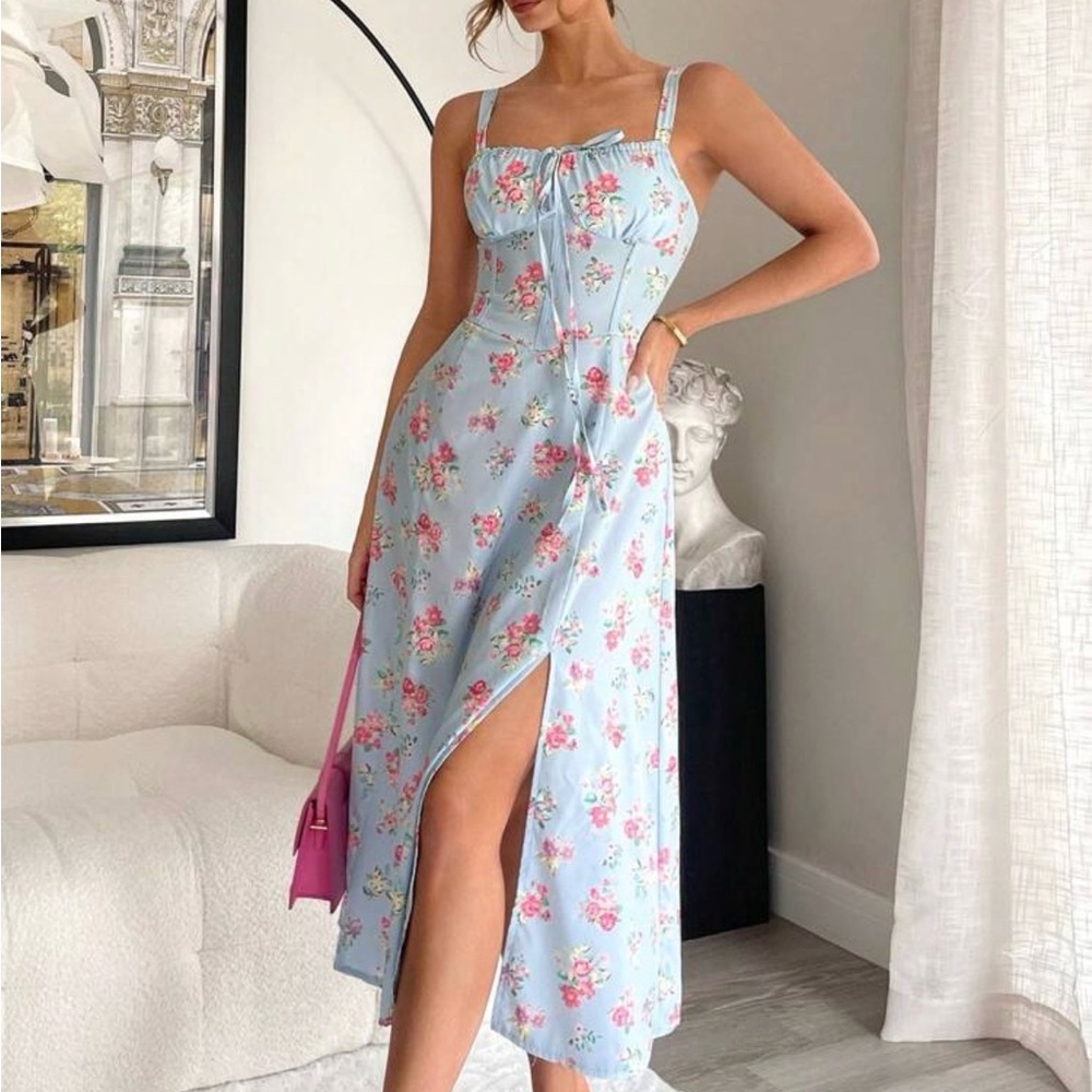 SHEIN Sky Blue Floral Maxi Dress with Pink Bouquet Print